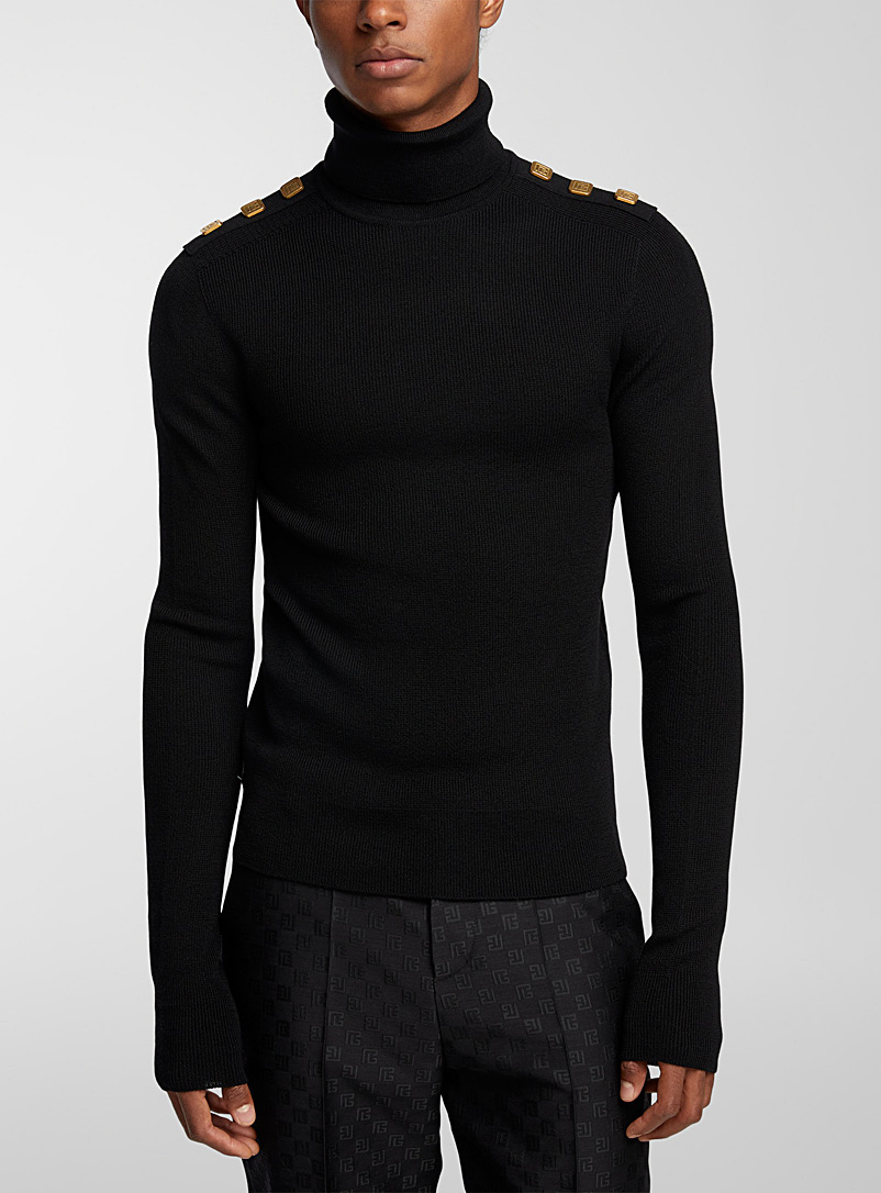Balmain Black Buttoned mock-neck sweater for men