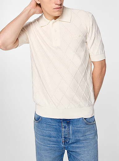 Balmain: Le polo tricot losanges Blanc pour homme
