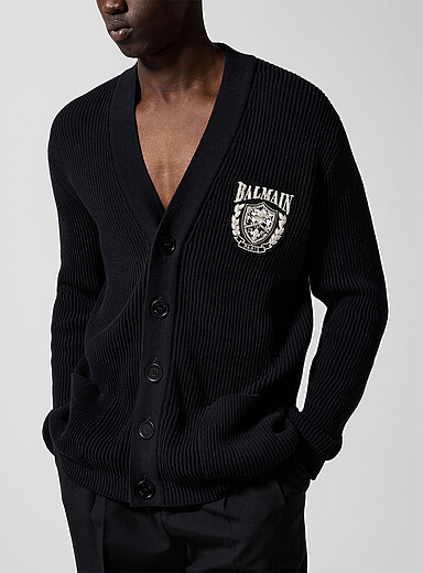 Balmain Black Beaded coat-of-arms ribbed cardigan for men