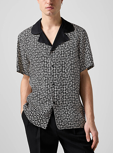 Balmain Black and White Monogrammed silky cabana shirt for men