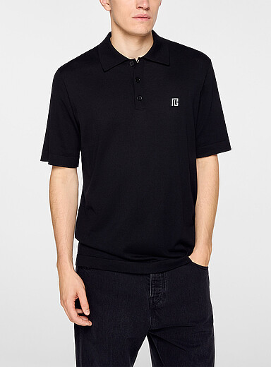 Balmain: Le polo tricot soie et coton monogramme Noir pour homme