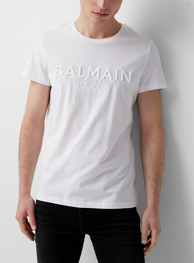 Balmain White Embossed signature white T-shirt for men