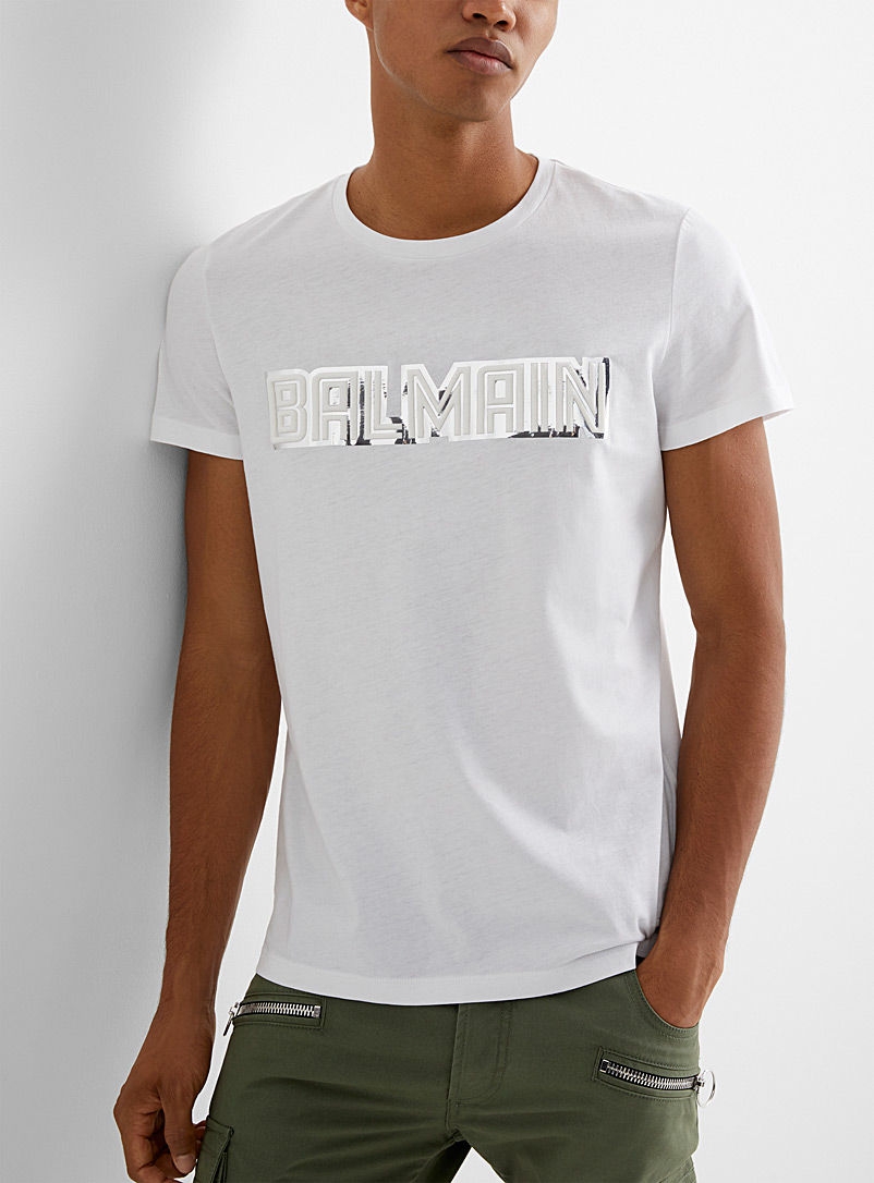 Balmain White Mirror edging embossed signature T-shirt for men