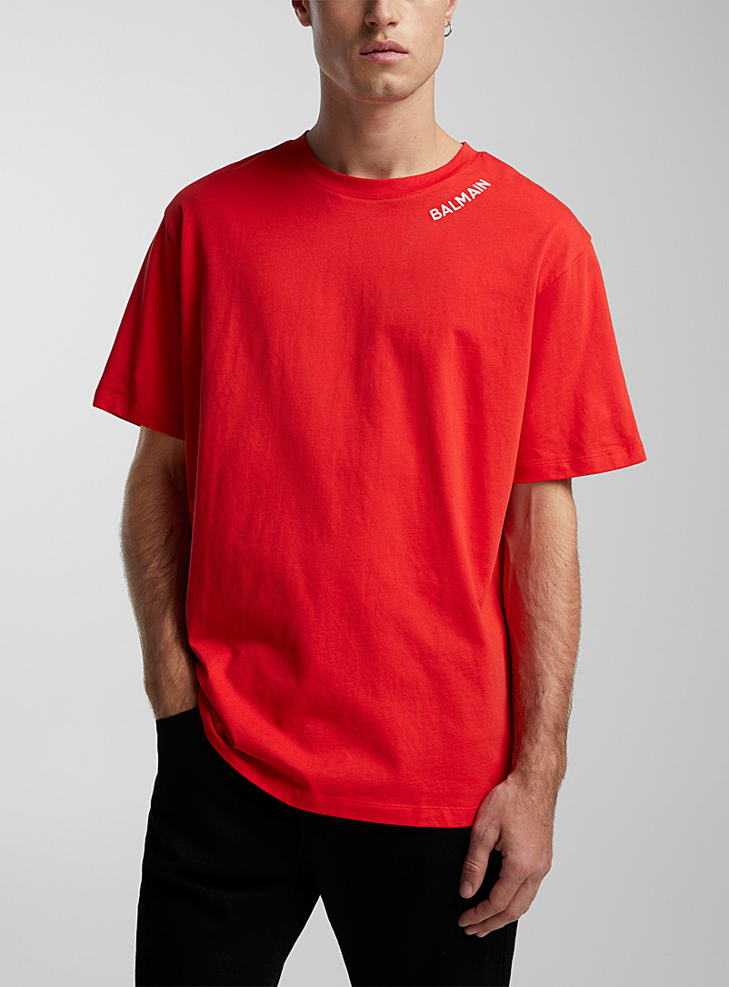 Balmain Red Embroidered signature red T-shirt for men