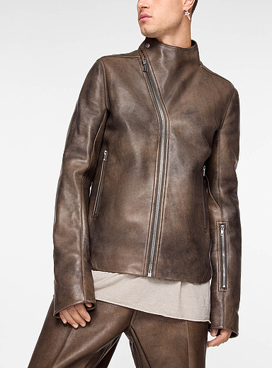 Rick Owens Brown Release asymmetrical zip leather jacket for men