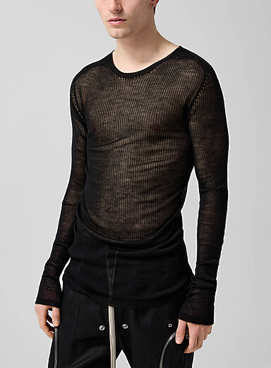 Rick Owens: Le chandail tricot c&ocirc;tel&eacute; diaphane Noir pour homme