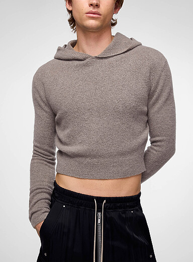 Rick Owens: Le chandail cachemire court &agrave; capuche  Charbon pour homme