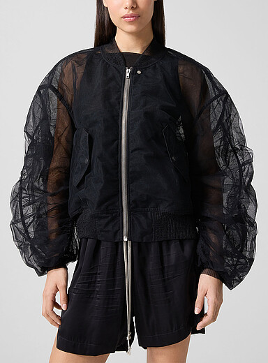 Gathered balloon sleeves tulle bomber jacket