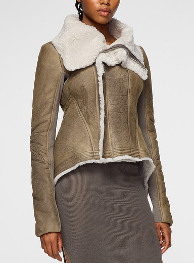 Rick Owens Taupe Grey Naska lined shearling leather jacket for women