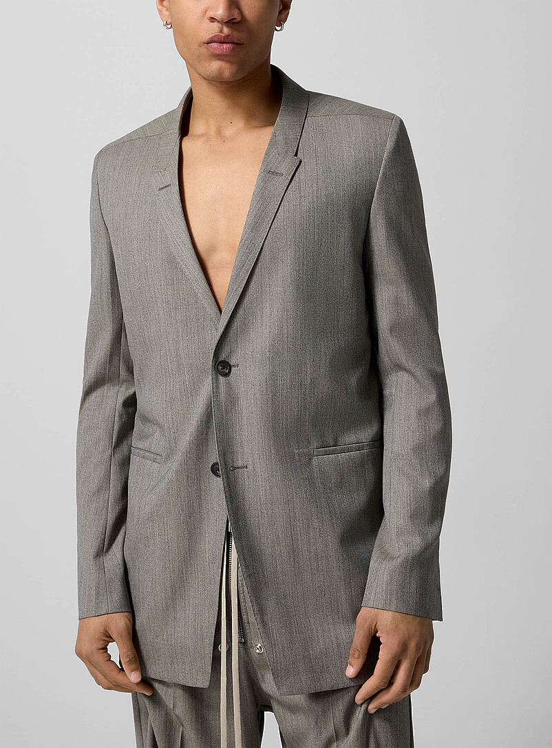Melange Gray Elongated Pure Wool Suit Jacket