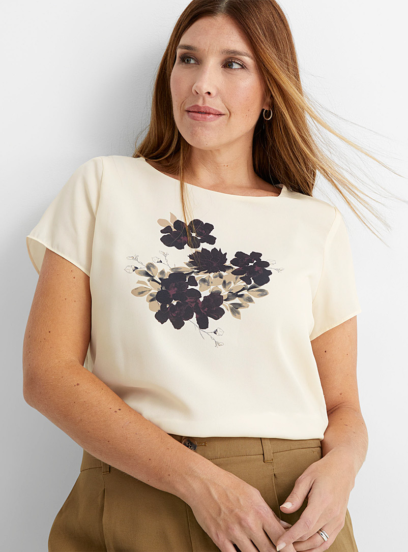 Contemporaine Patterned Ecru Silky front print tee for women