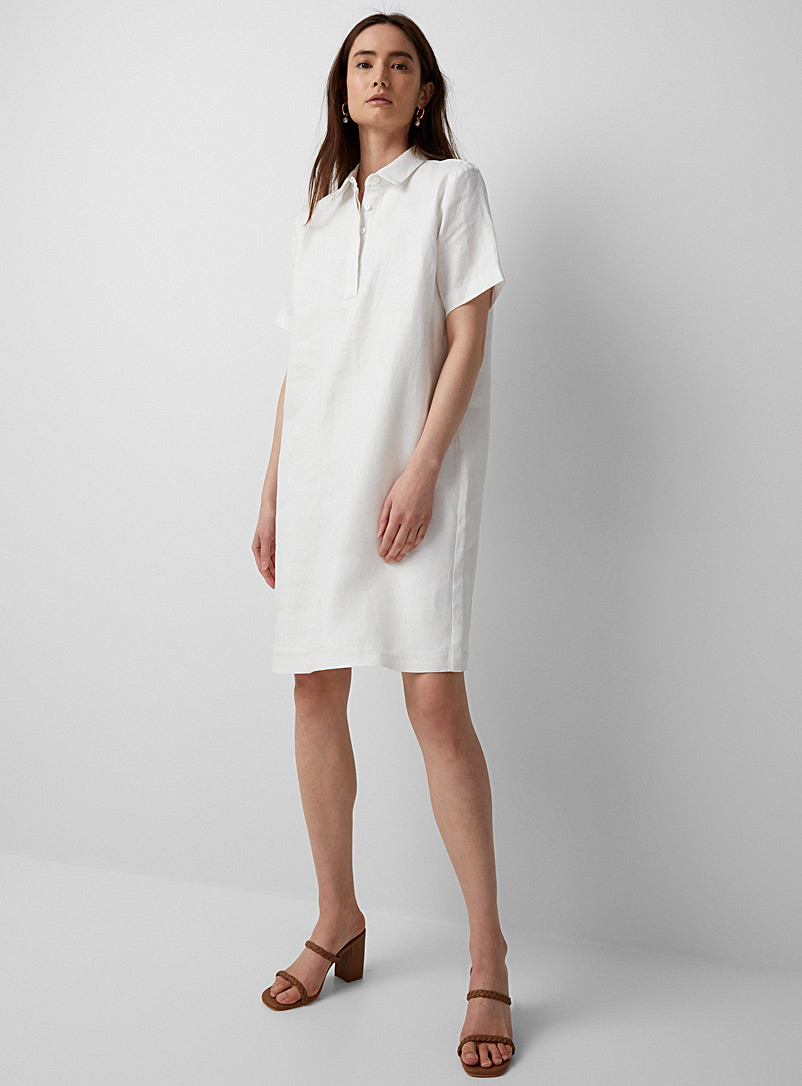 Contemporaine: La robe col chemise lin soyeux Ivoire blanc os pour femme