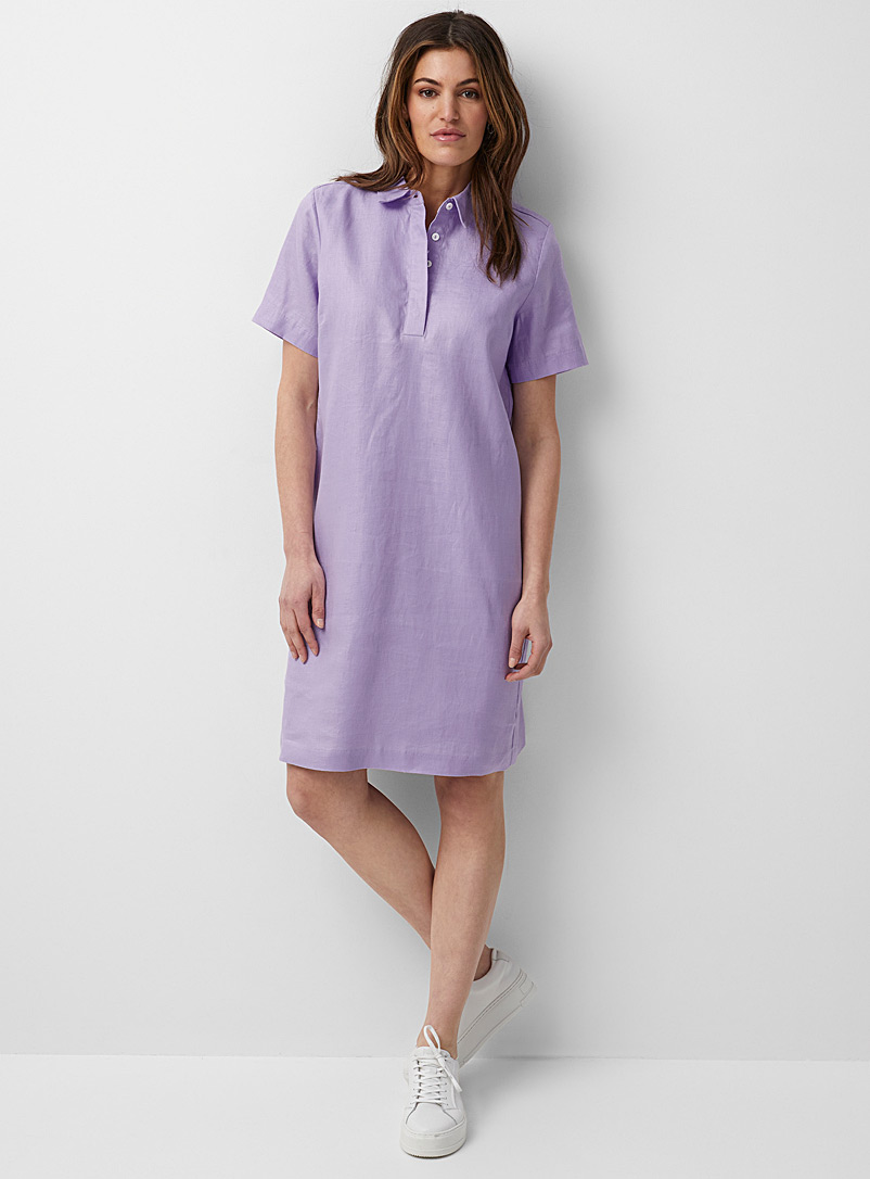 Contemporaine: La robe col chemise lin soyeux Lilas pour femme