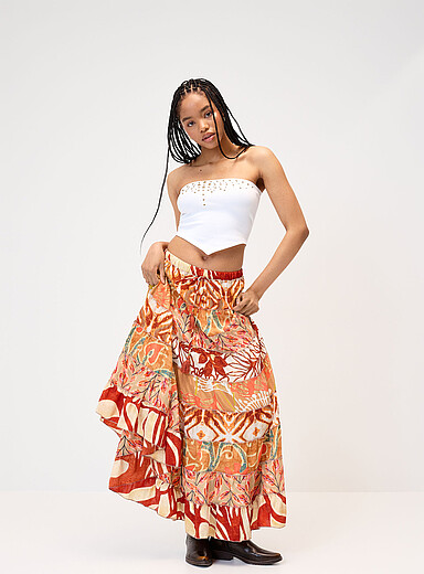 Twik: La jupe paysanne motif paisley color&eacute; Orange pour femme