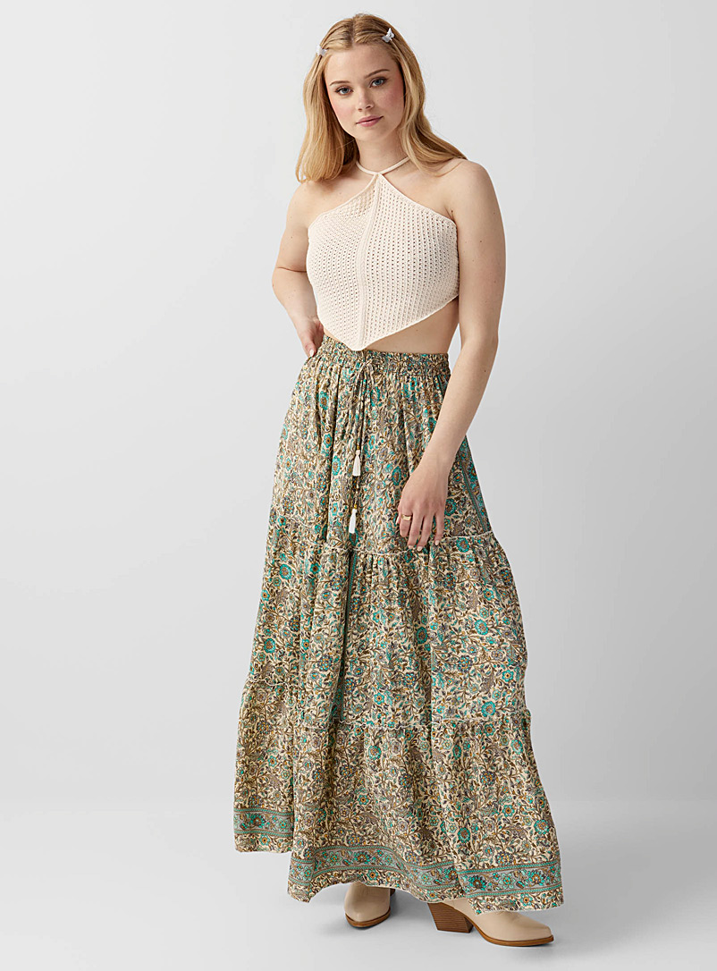Twik Patterned Brown Flowers and ruffles peasant skirt for women