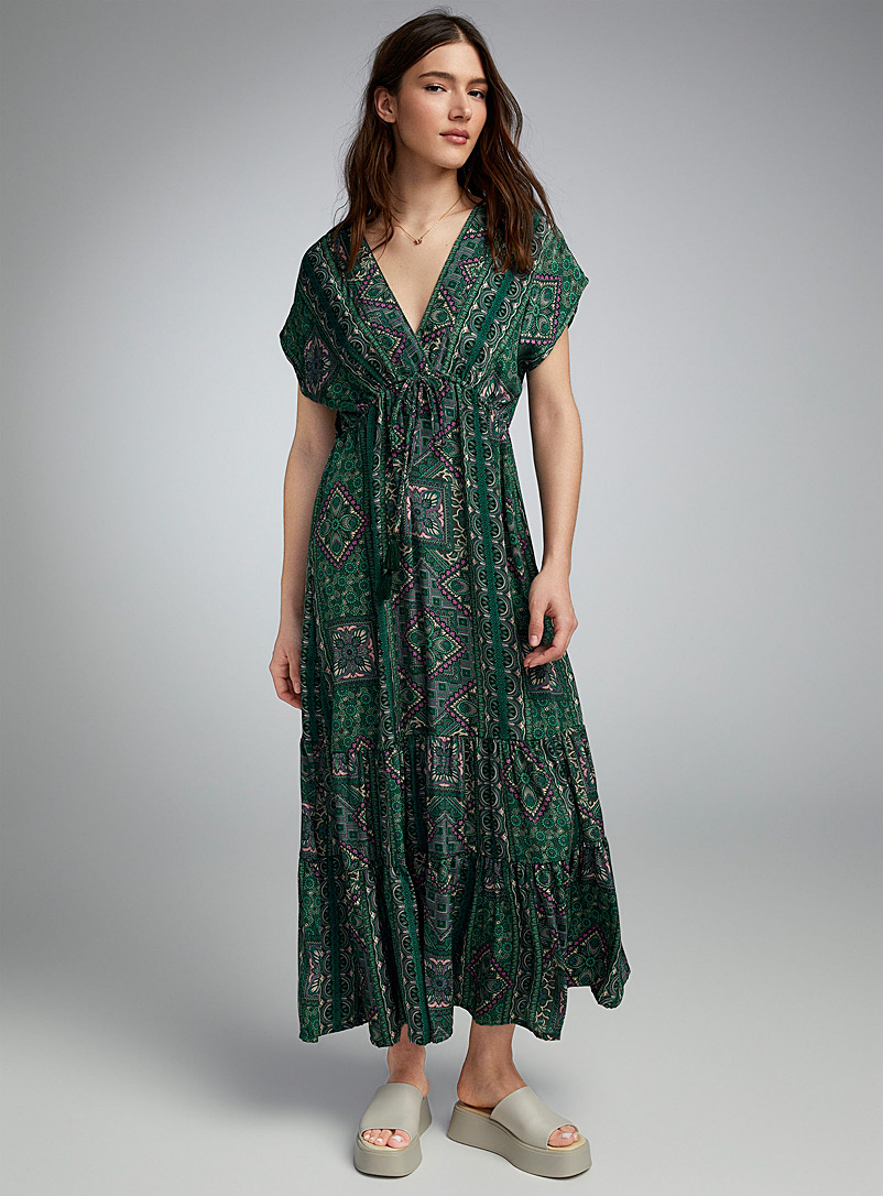 Twik: La robe paysanne motif floral à dorure Vert à motifs pour femme
