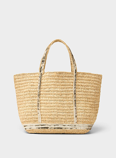 Sequins braided raffia small tote bag