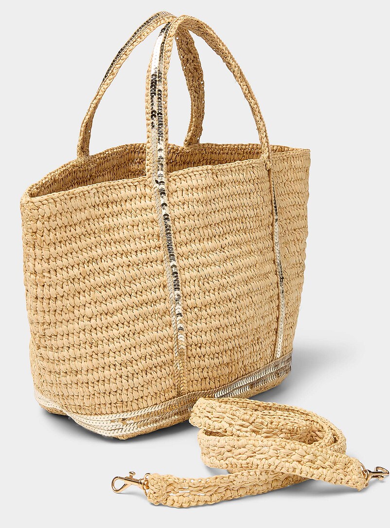 Vanessa Bruno Golden Yellow Sequins braided raffia small tote bag for women