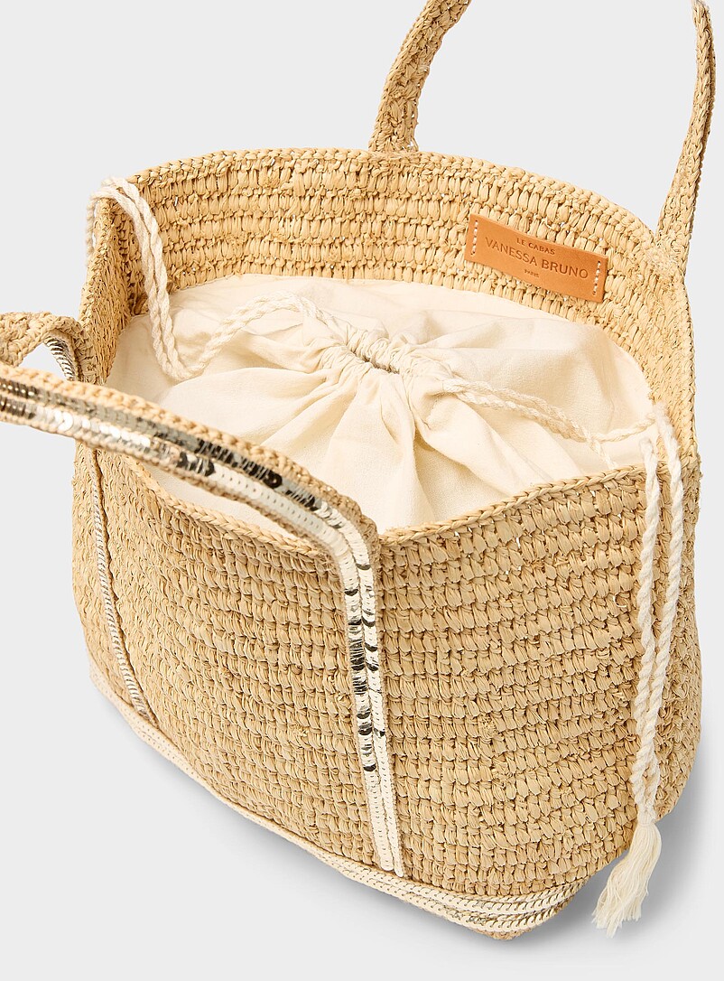 Vanessa Bruno Golden Yellow Sequins braided raffia small tote bag for women