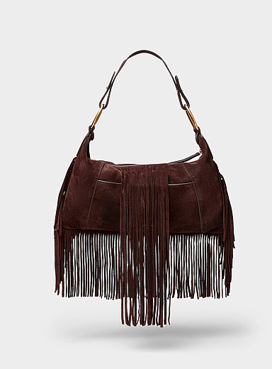 Mathilde fringed chocolate brown suede baguette bag