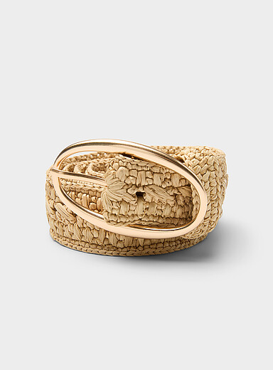 Oval buckle braided raffia belt