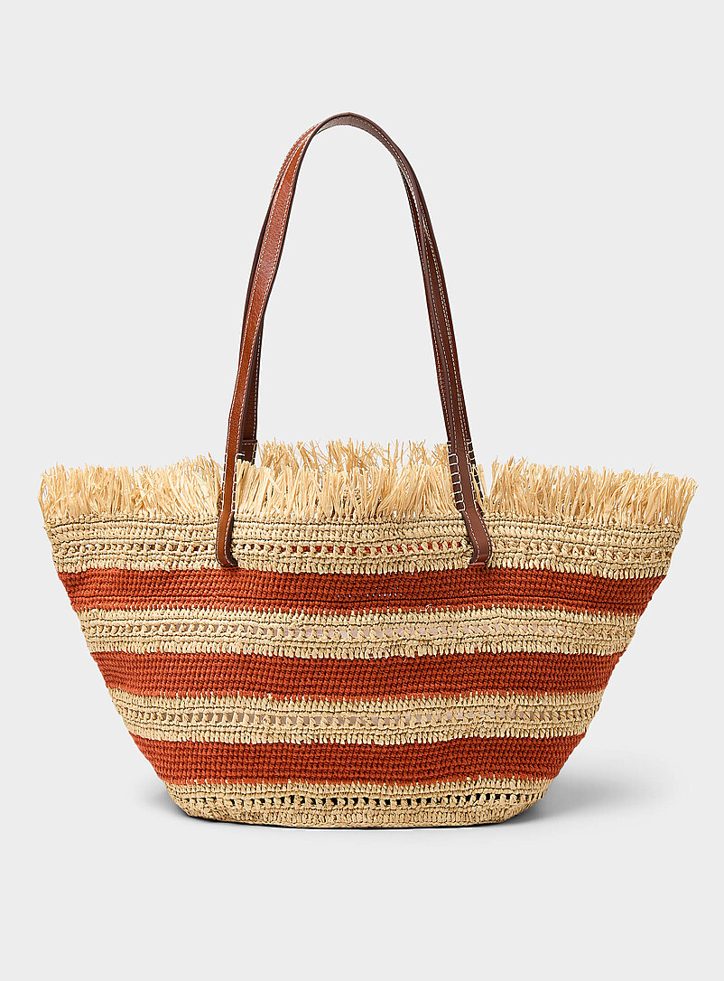Knotted fringes striped braided raffia tote bag product image 2