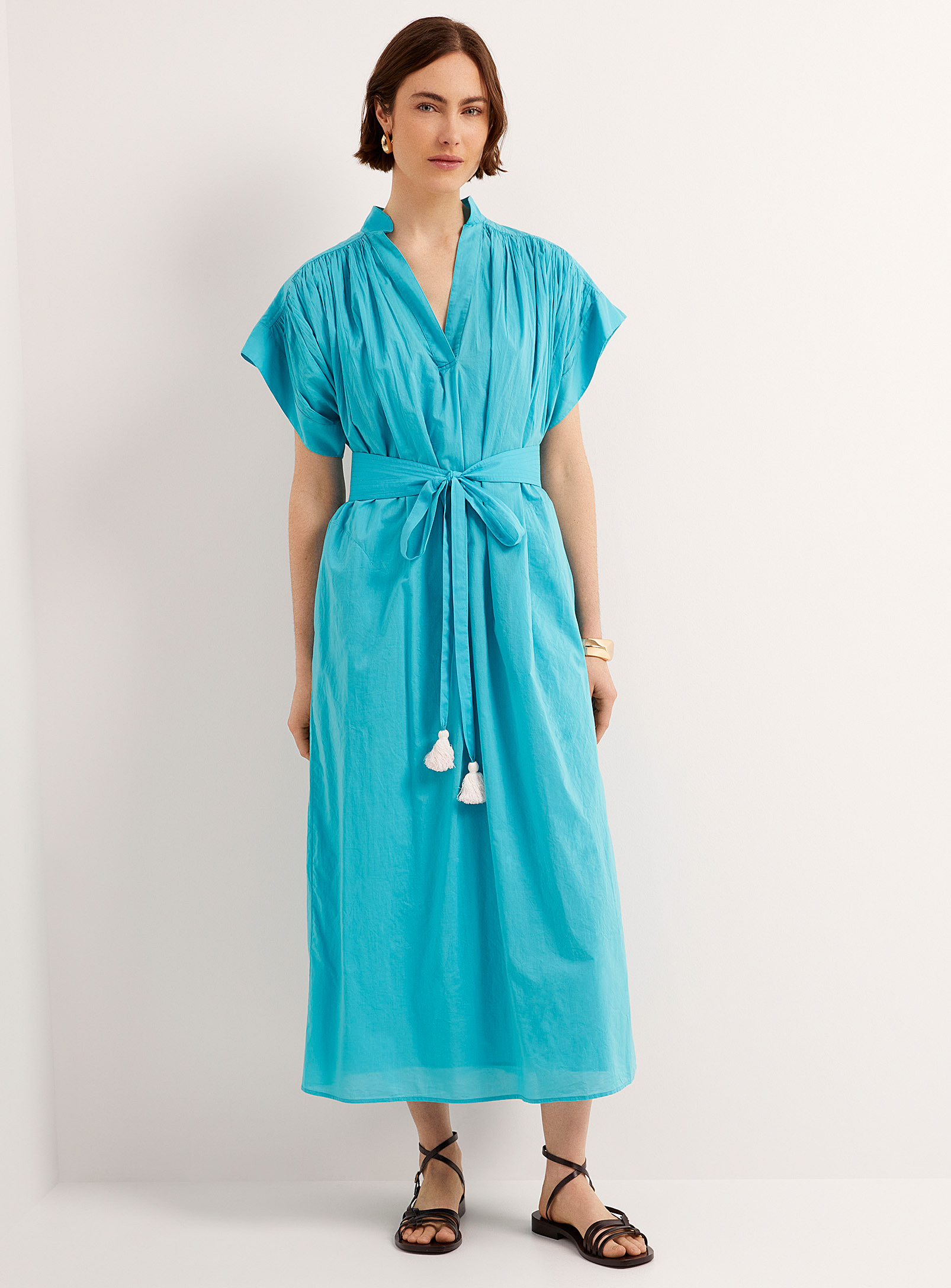 Vanessa Bruno Cyndie Turquoise Ruched Cotton Dress In Blue