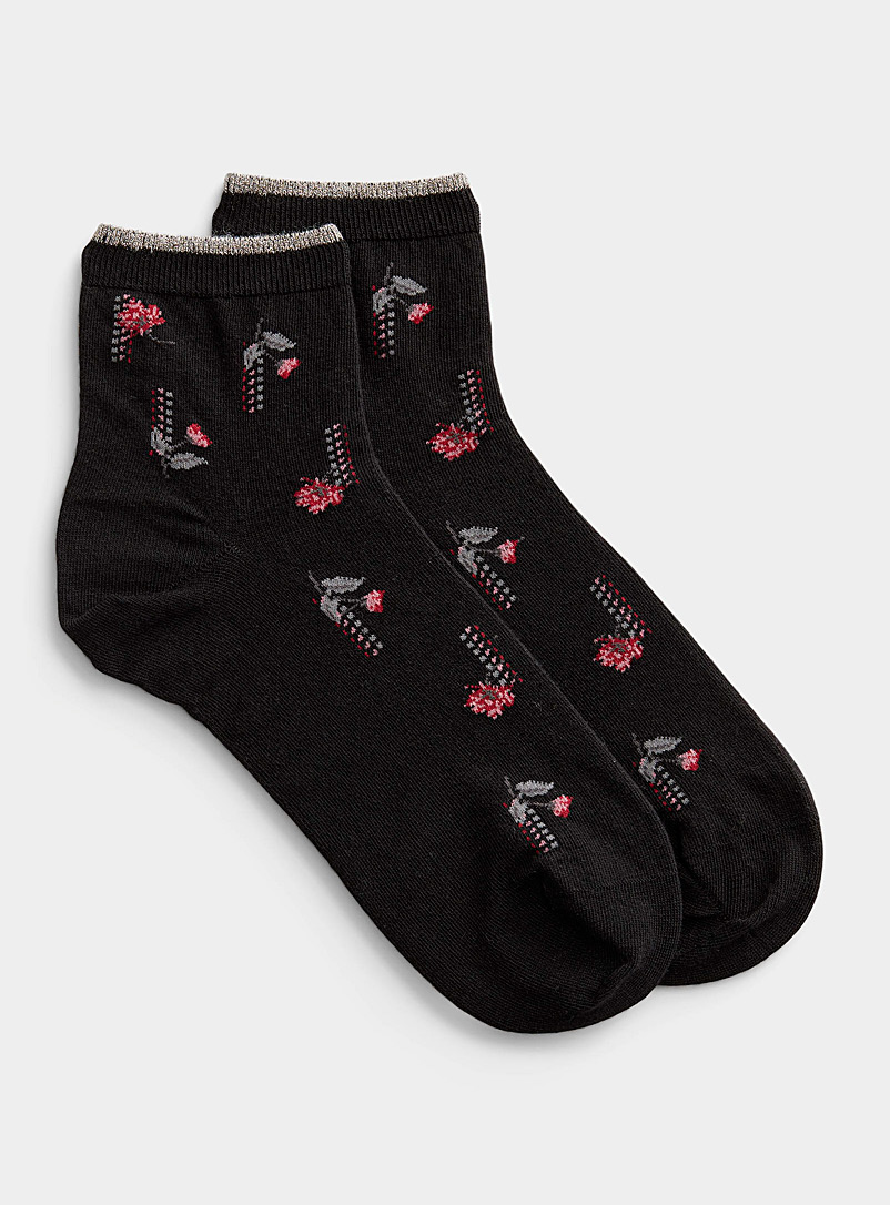 Simons Black Floral ankle sock for women
