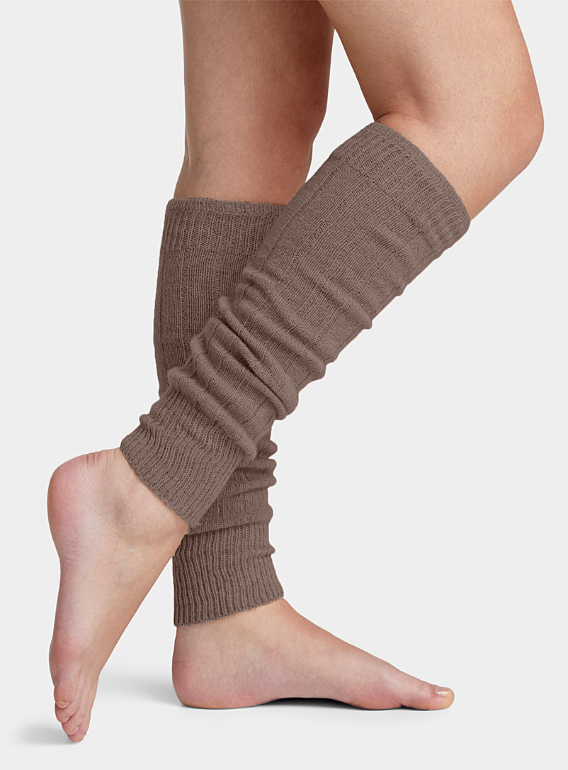 Simons Light Brown Ribbed monochrome leg warmers for women
