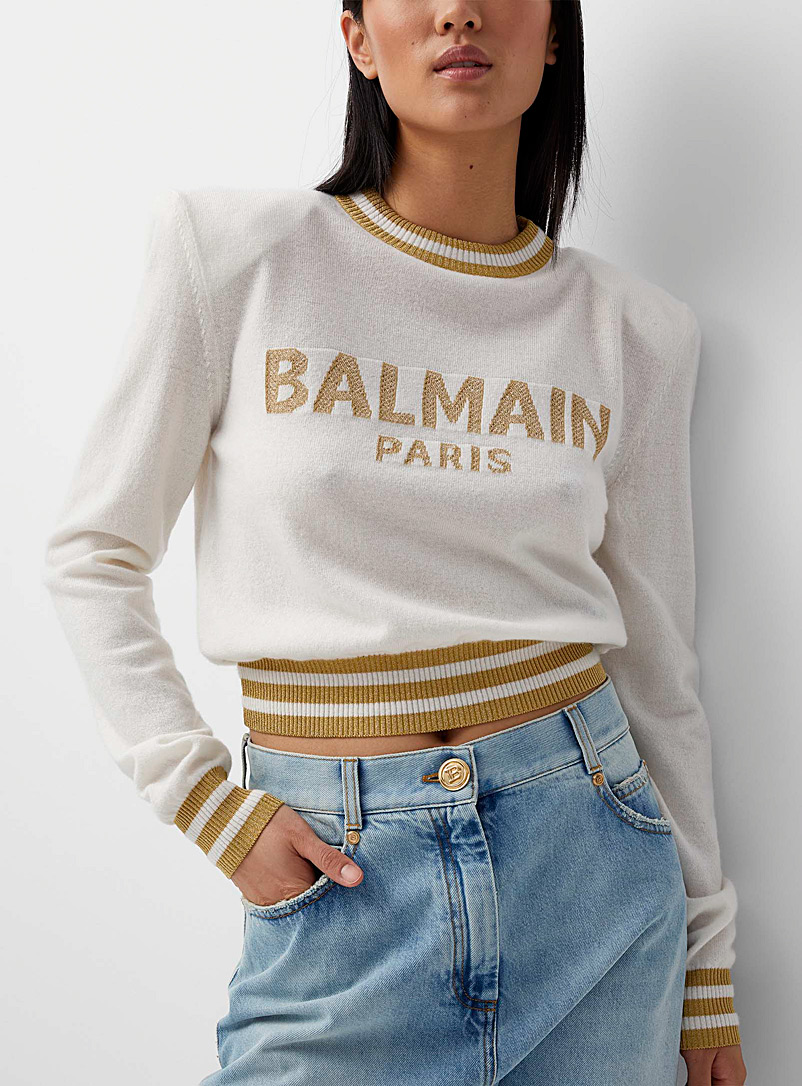 Balmain Ecru/Linen Logo cropped sweater for women