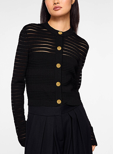 Balmain: Le cardigan maille rayures filet et bouton lion Noir pour femme