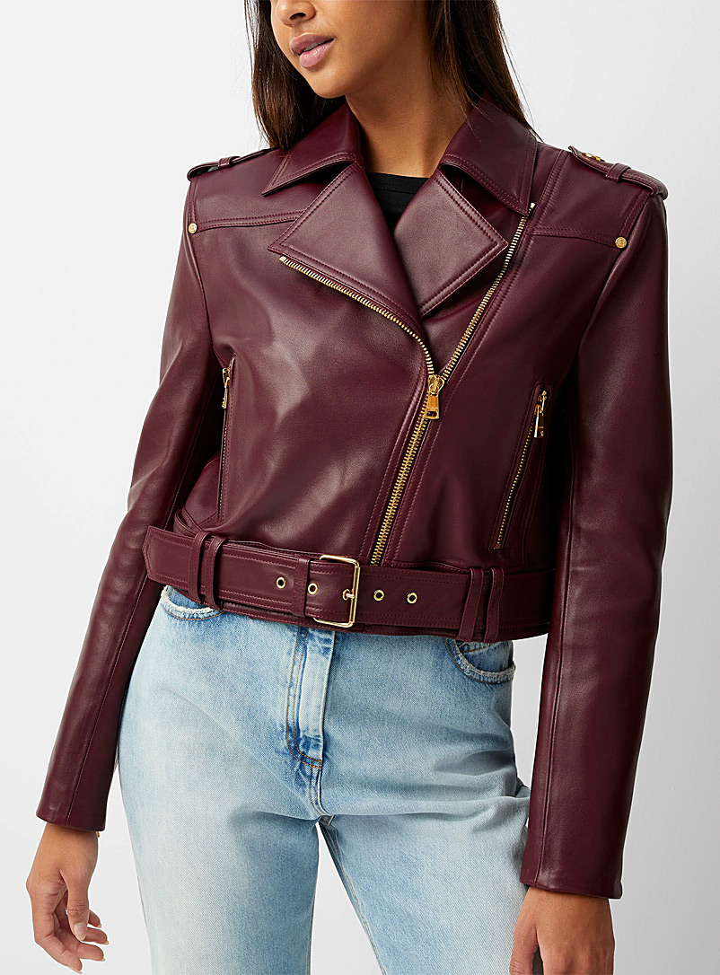 Golden accents burgundy leather jacket