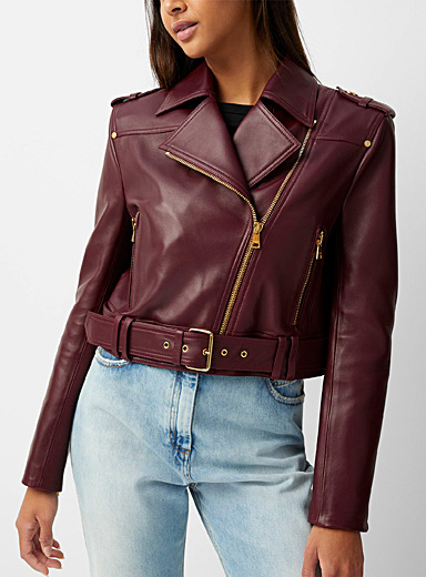 Balmain Ruby Red Golden accents burgundy leather jacket for women