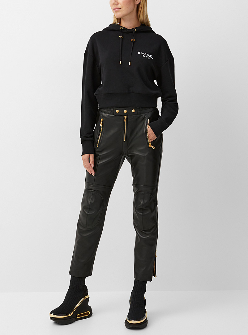 Balmain: Le pantalon de cuir à zips dorés Noir pour femme