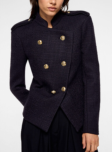 Balmain Slate Blue Asymmetrical-closure tweed jacket for women