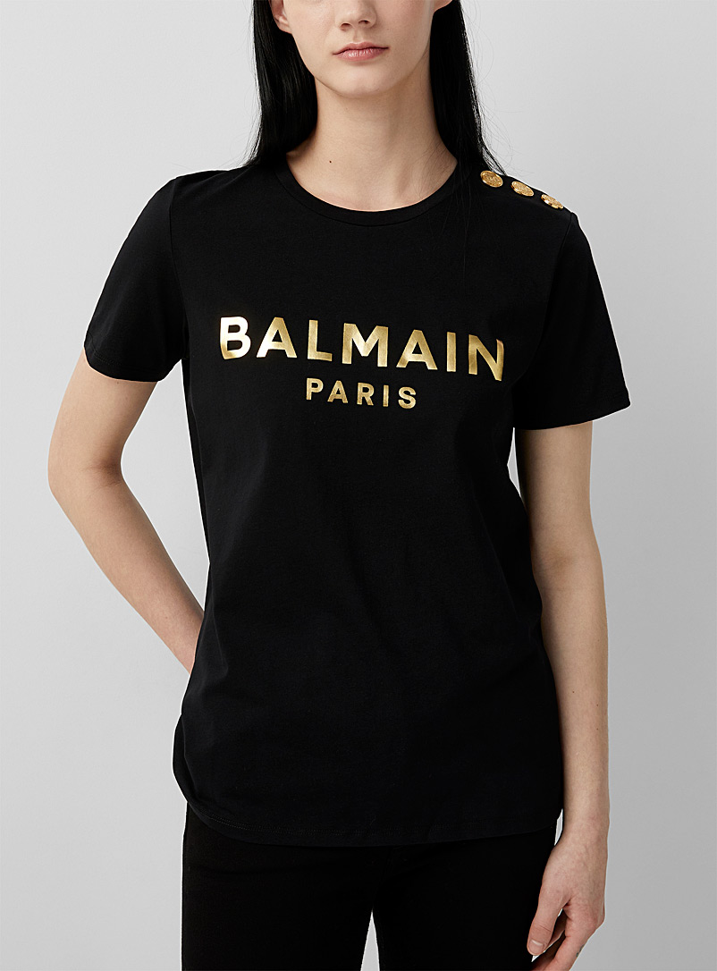Balmain Black Buttoned-shoulder golden logo tee for women