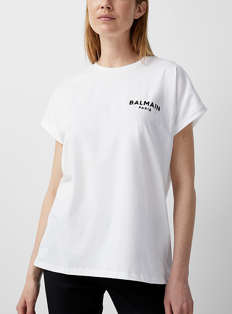 Balmain White Velvet logo white T-shirt for women