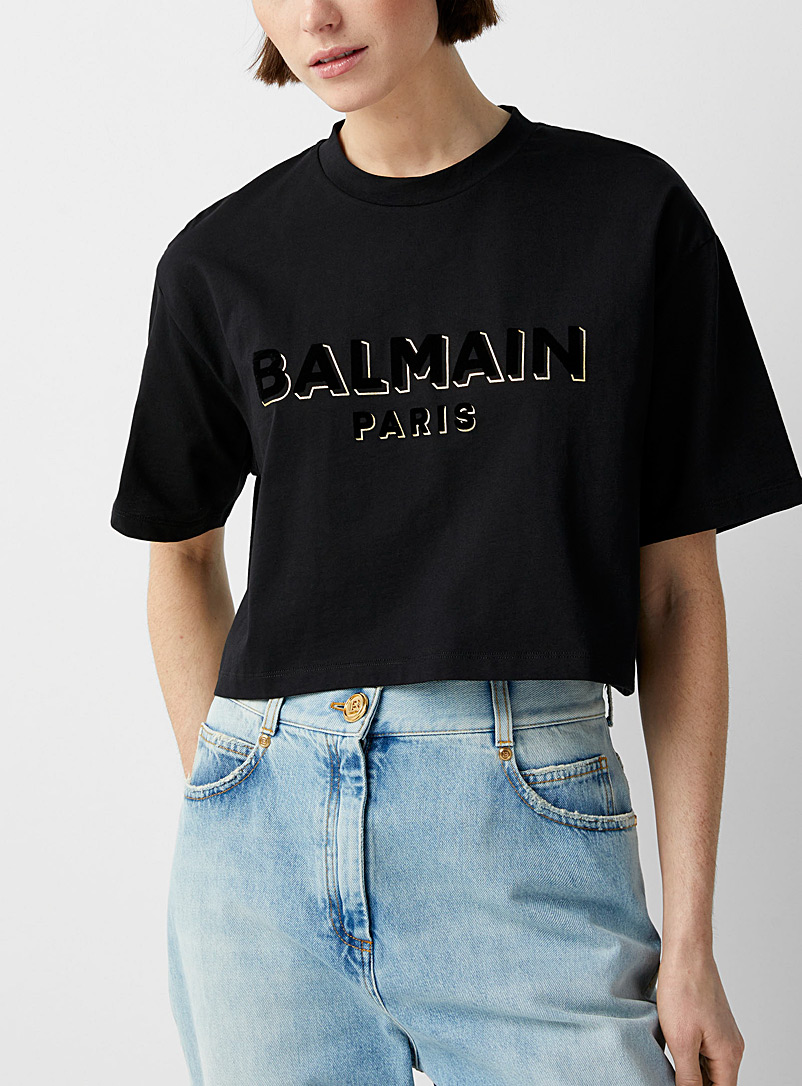 Balmain: Le t-shirt court signature velours Noir pour femme