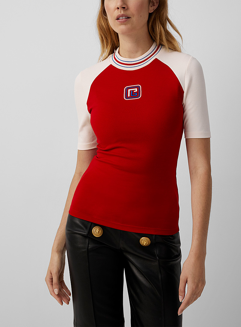 Balmain: Le t-shirt ligné rétro Rouge à motifs pour femme