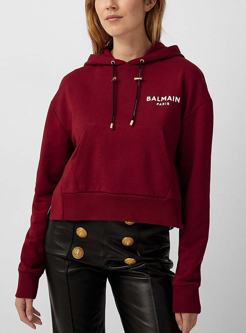 Balmain Cherry Red Balmain logo cropped hoodie for women