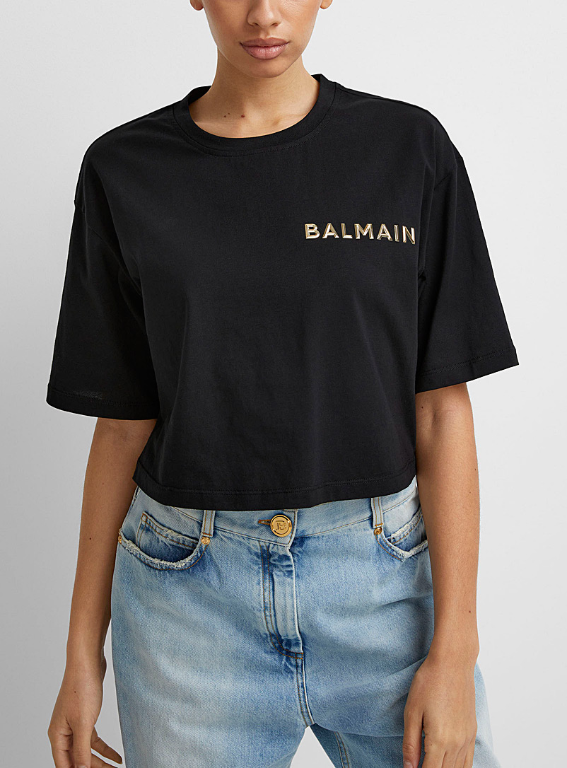 Balmain: Le t-shirt court signature métallisée Noir pour femme
