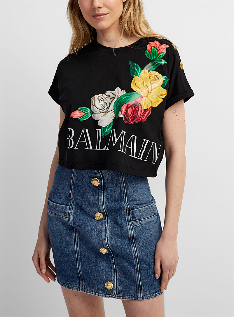 Balmain: Le t-shirt court imprimé Roses Noir à motifs pour femme