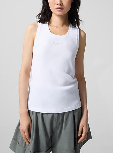 Balmain: La camisole c&ocirc;tel&eacute;e logo brod&eacute; Blanc pour femme