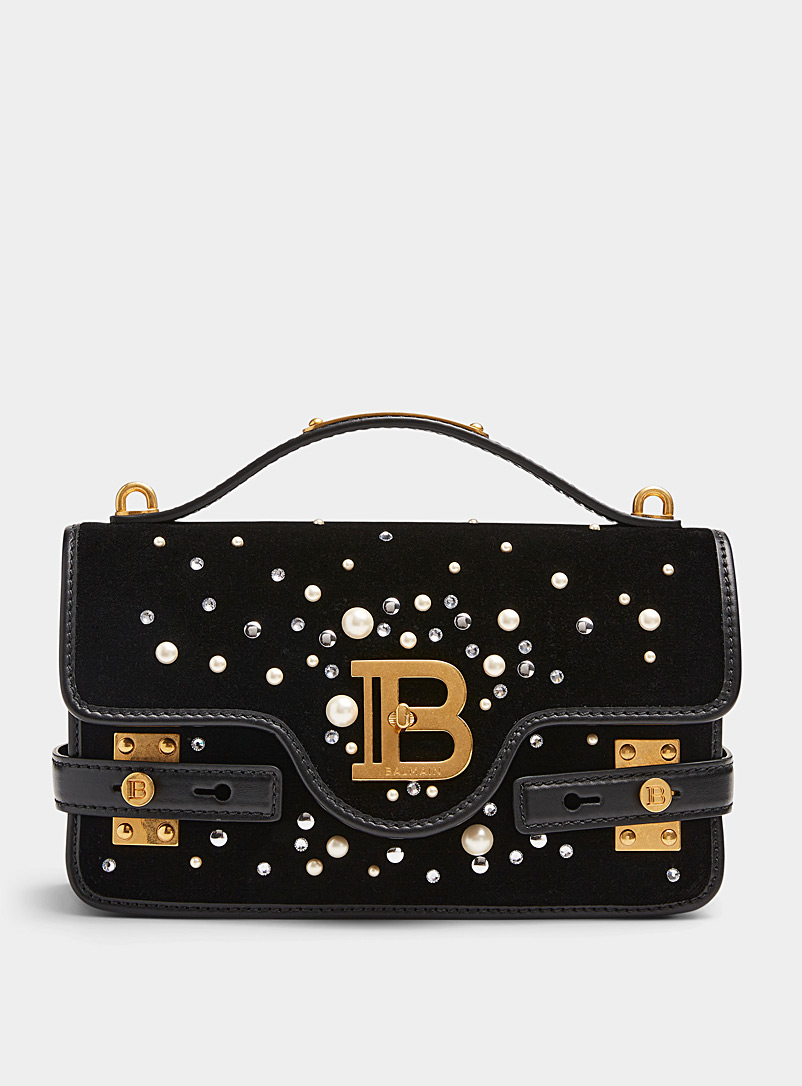 Balmain Patterned Black B-Buzz velvet and pearls bag for women