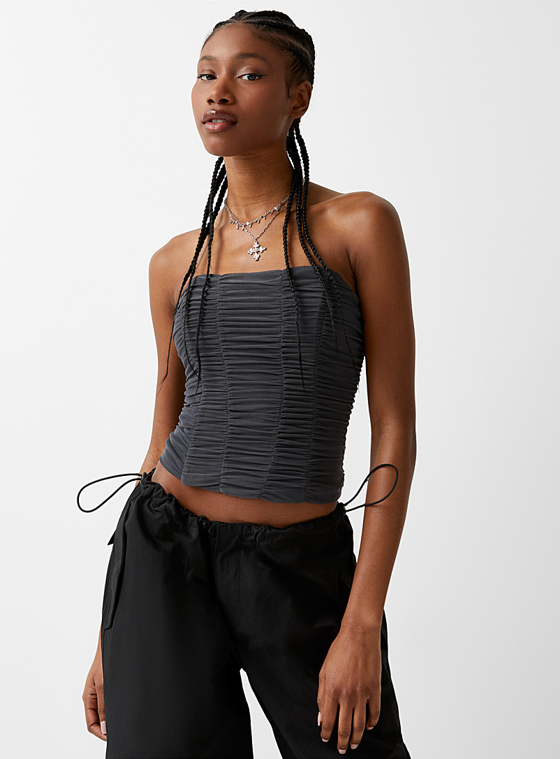Twik Charcoal Grey ruched mesh bustier for women