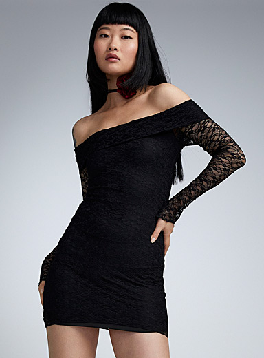 Twik Black Floral lace off-the-shoulder dress for women