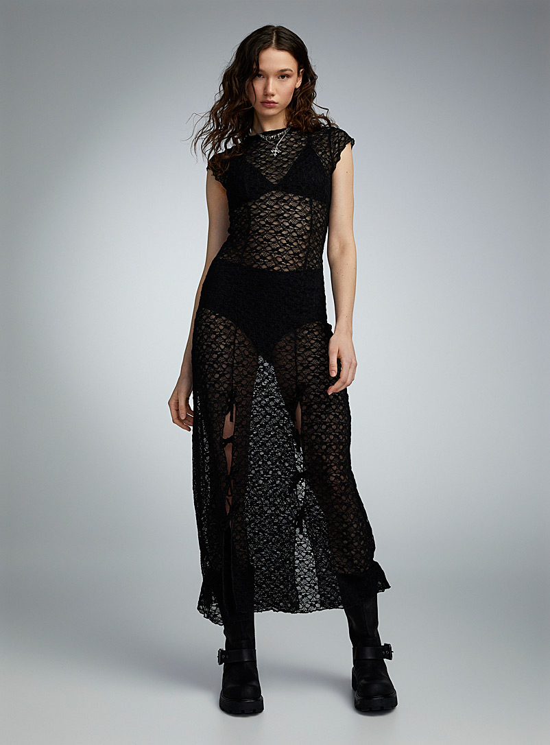Twik: La robe maxi dentelle fentes bouclées Noir pour femme