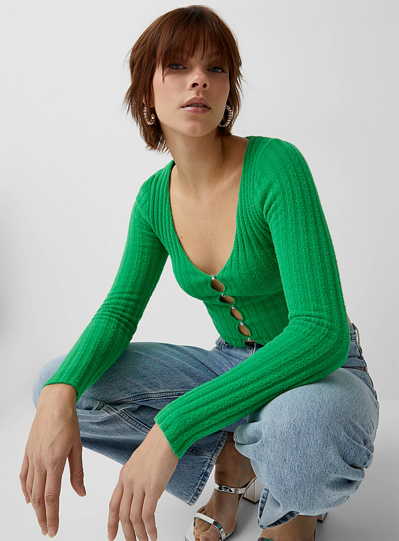Twik Green Diamond buttons soft sweater for women