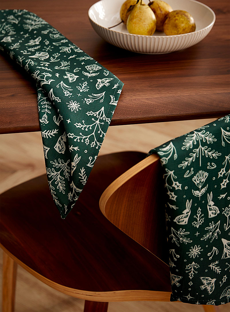 Simons Maison: Les serviettes de table polyester recyclé folklore scandinave Ensemble de 2 Vert à motifs