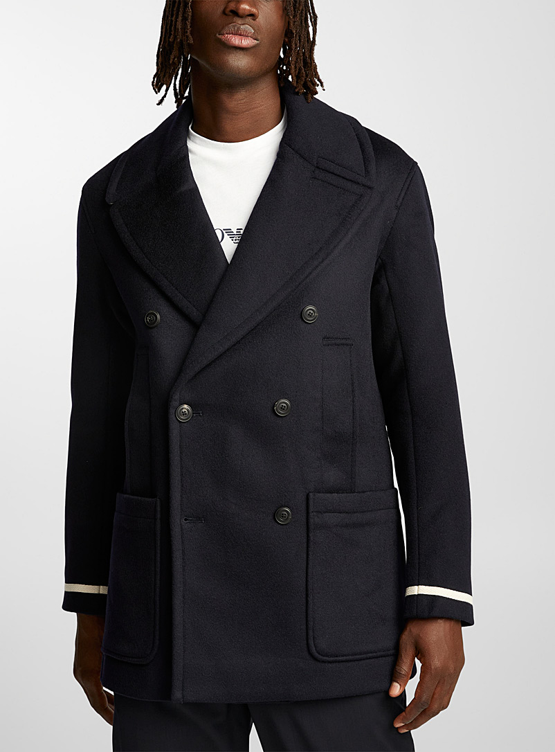 Emporio Armani Marine Blue Contrast piping navy peacoat for men